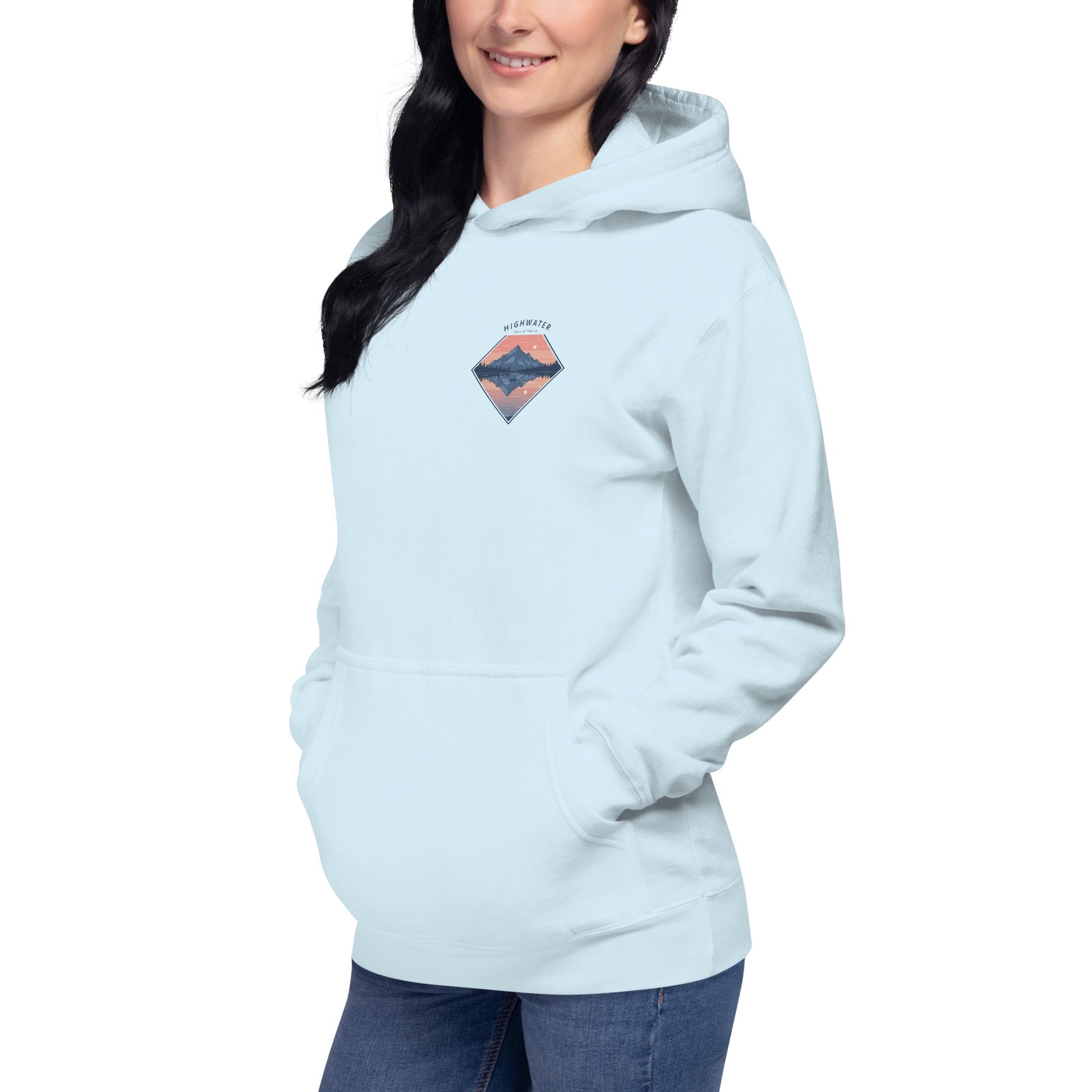Trail Tide Co - Highwater Horizon Hoodie - Front Left - Female model - Sky Blue