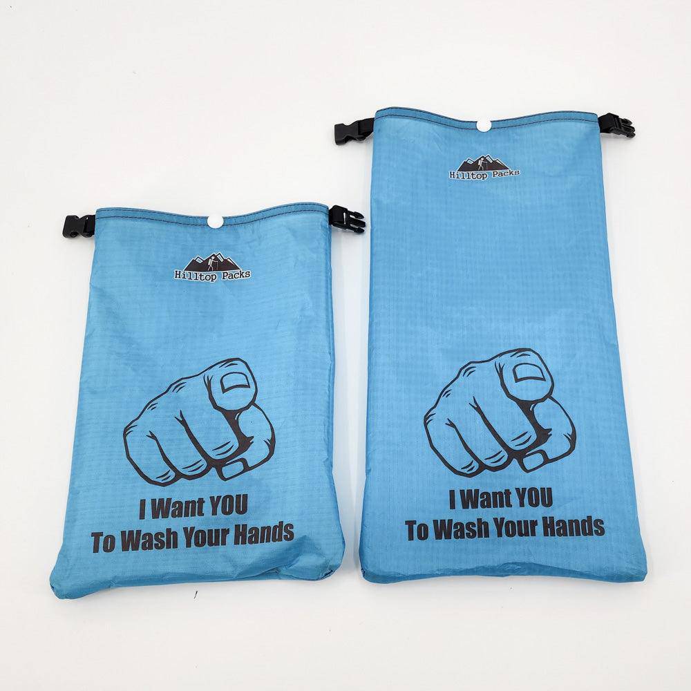 Hilltop Packs LLC - Ultralight Ditty Dry Bags - Challenge D50T fabric - Light blue, wash hands, small & medium long