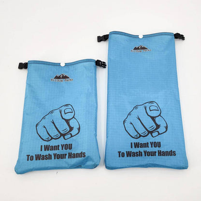 Hilltop Packs LLC - Ultralight Ditty Dry Bags - Challenge D50T fabric - Light blue, wash hands, small & medium long