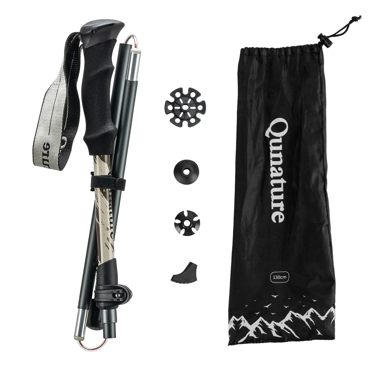 Qunature Global - Foldable Lightweight Aluminum Trekking Pole with Adjustable Height and Grip - Single pole folded with included parts - Brown
