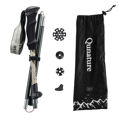 Qunature Global - Foldable Lightweight Aluminum Trekking Pole with Adjustable Height and Grip - Single pole folded with included parts - Brown