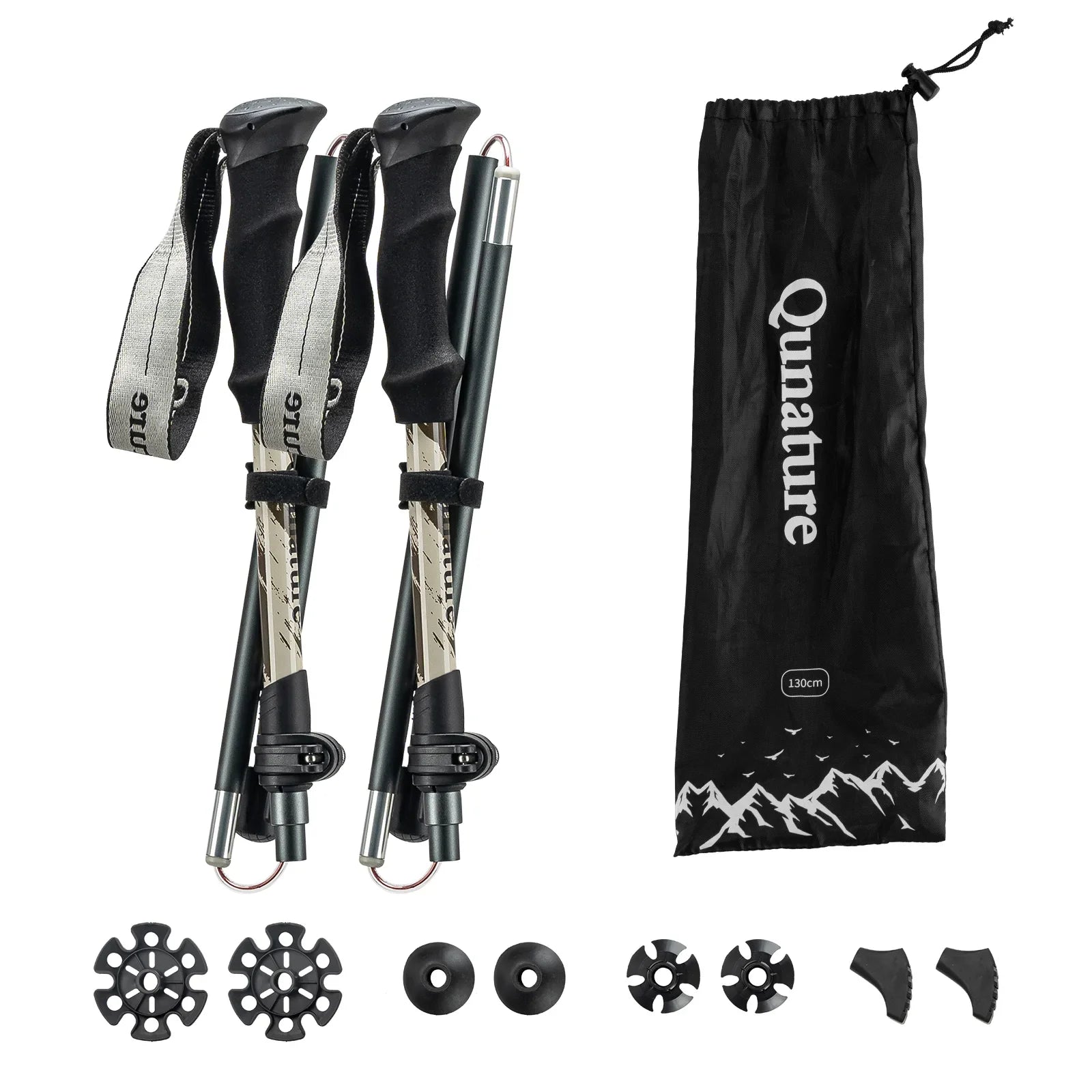 Qunature Global - Foldable Lightweight Aluminum Trekking Pole with Adjustable Height and Grip - Pair folded with included parts - Brown