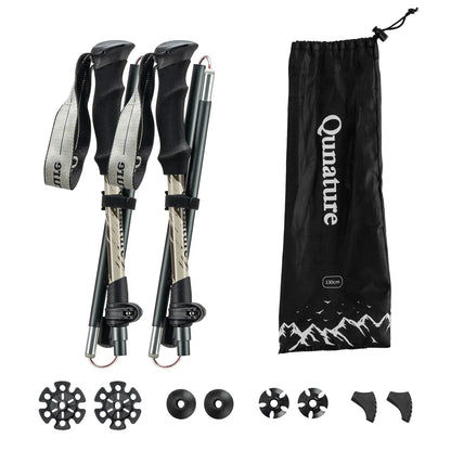 Qunature Global - Foldable Lightweight Aluminum Trekking Pole with Adjustable Height and Grip - Pair folded with included parts - Brown
