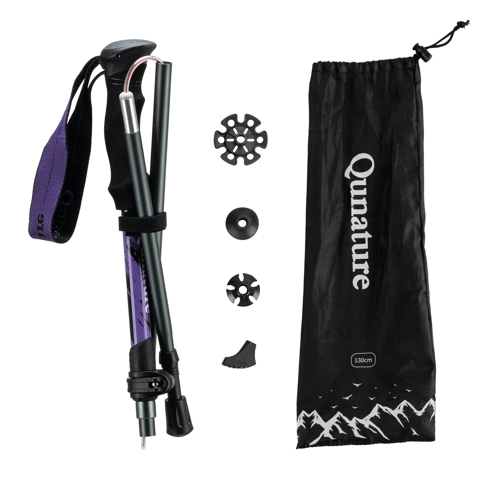 Qunature Global - Foldable Lightweight Aluminum Trekking Pole with Adjustable Height and Grip - Single pole folded with included parts - Purple 