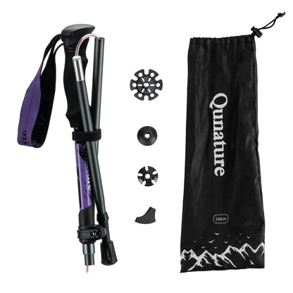 Qunature Global - Foldable Lightweight Aluminum Trekking Pole with Adjustable Height and Grip - Single pole folded with included parts - Purple 