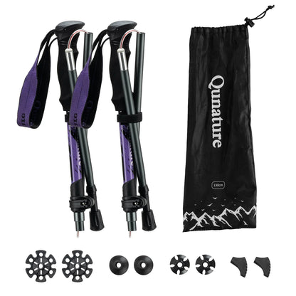 Qunature Global - Foldable Lightweight Aluminum Trekking Pole with Adjustable Height and Grip - Pair folded with included parts - Purple 