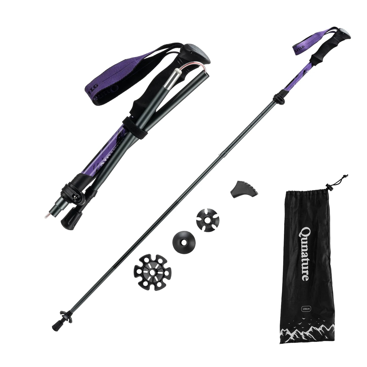 Qunature Global - Foldable Lightweight Aluminum Trekking Pole with Adjustable Height and Grip - Folded and extended - Brown