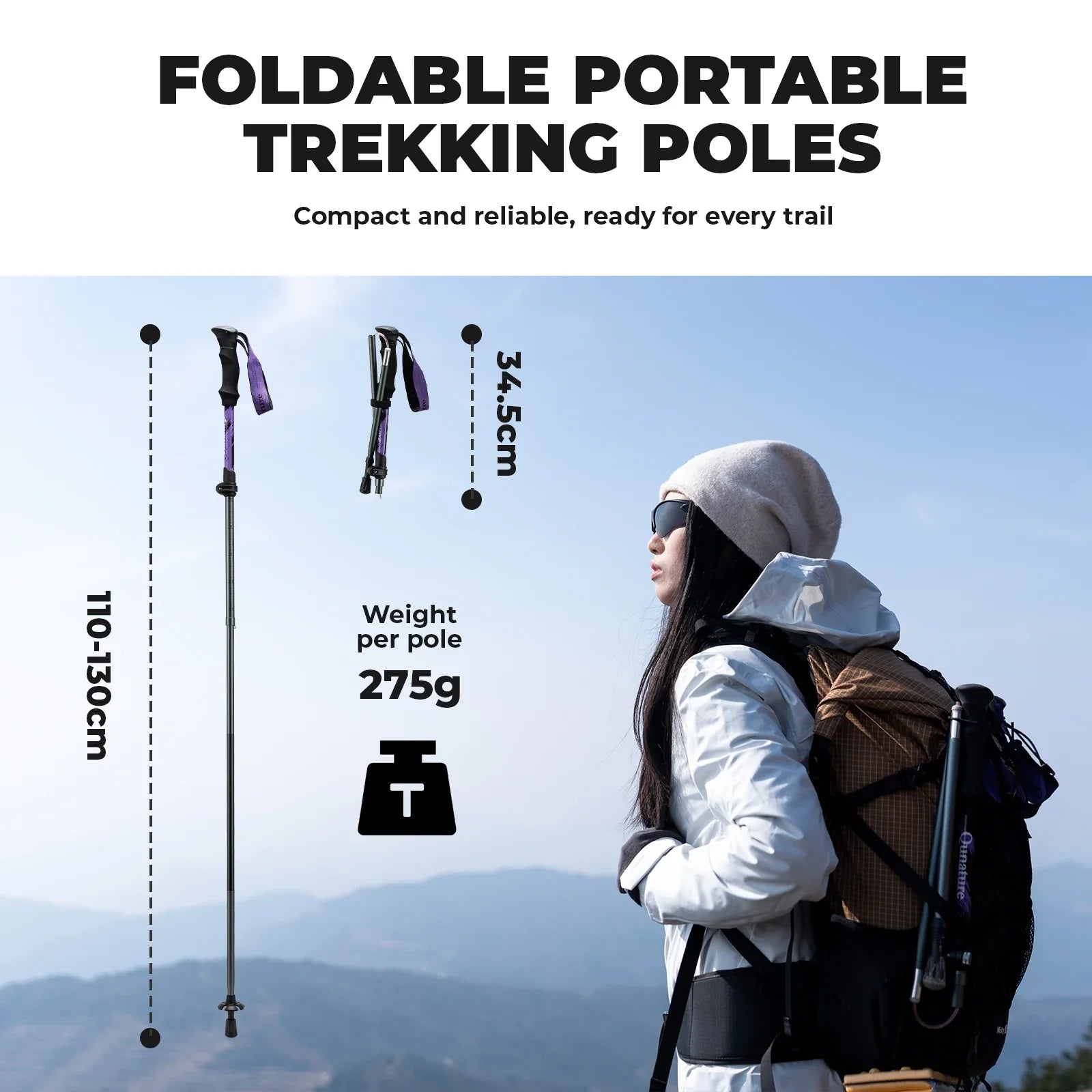 Qunature Global - Foldable Lightweight Aluminum Trekking Pole with Adjustable Height and Grip - Folded and extended lengths - Purple 