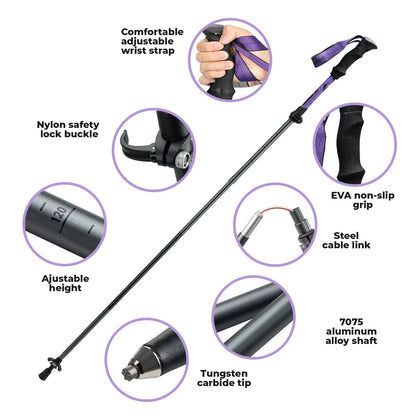 Qunature Global - Foldable Lightweight Aluminum Trekking Pole with Adjustable Height and Grip - Features - Purple 