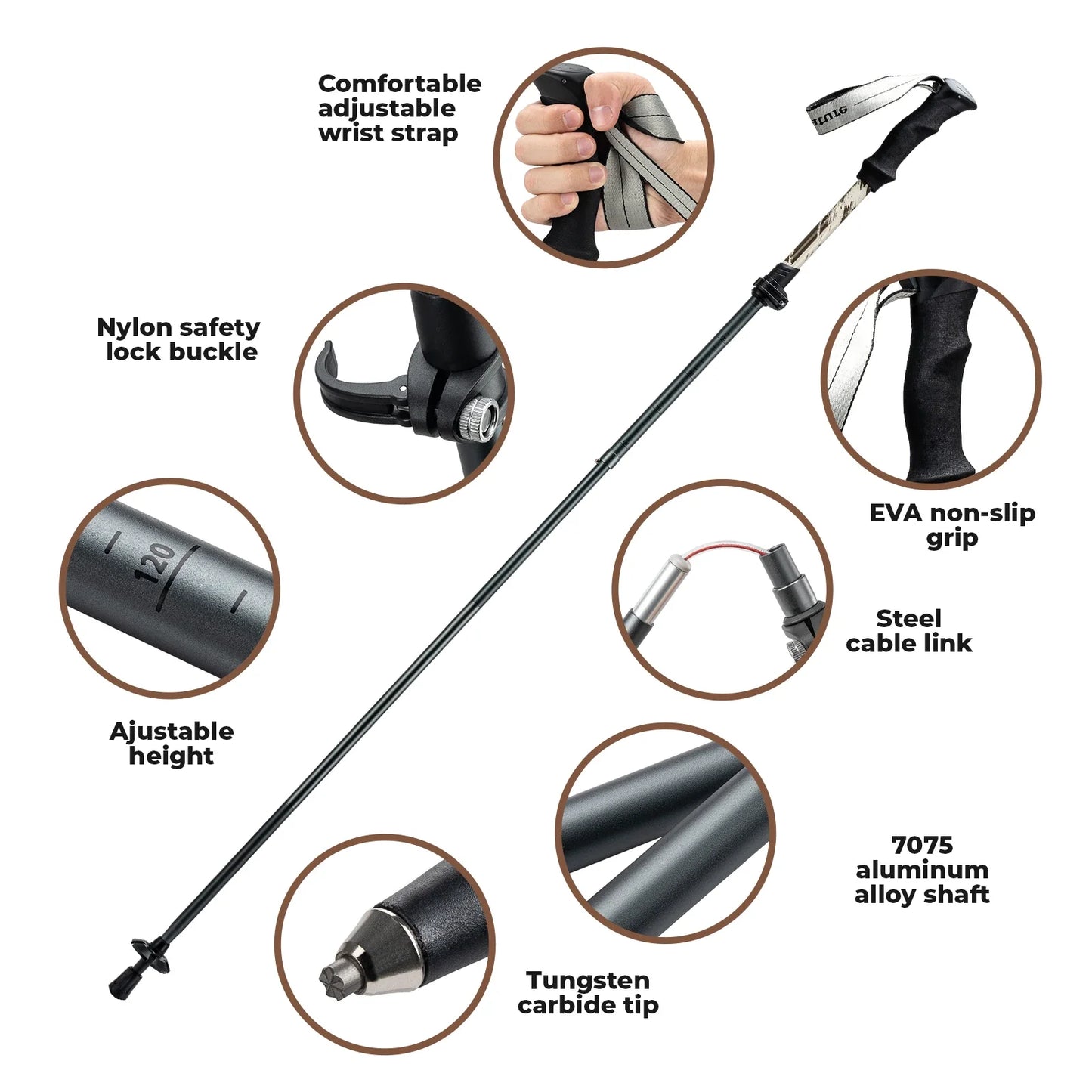 Qunature Global - Foldable Lightweight Aluminum Trekking Pole with Adjustable Height and Grip - Features - Brown