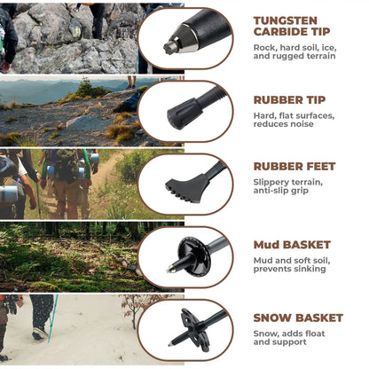 Qunature Global - Foldable Lightweight Aluminum Trekking Pole with Adjustable Height and Grip - Tips included with poles