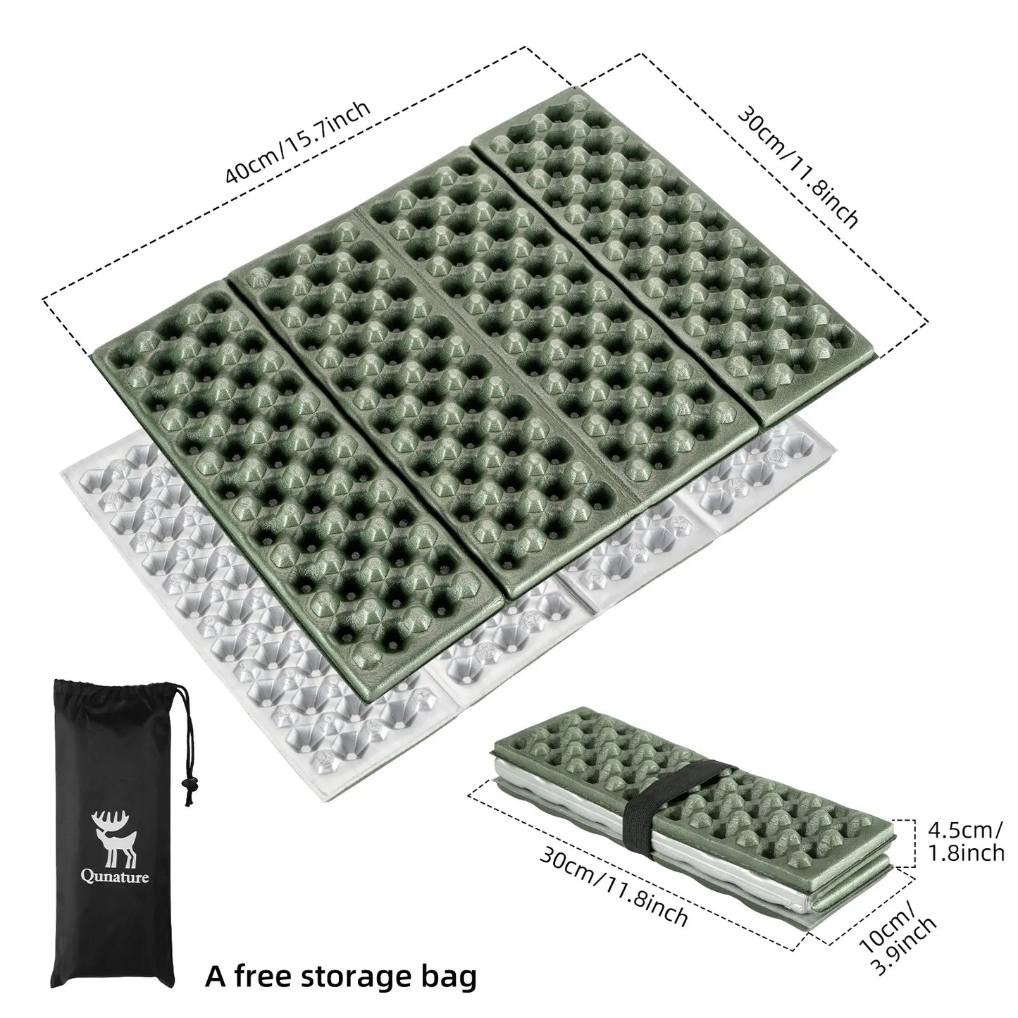 Qunature Global - Folding Seat Pad Mat with Foam for Hiking & Camping,  Lightweight & Portable - Dimensions - Army Green