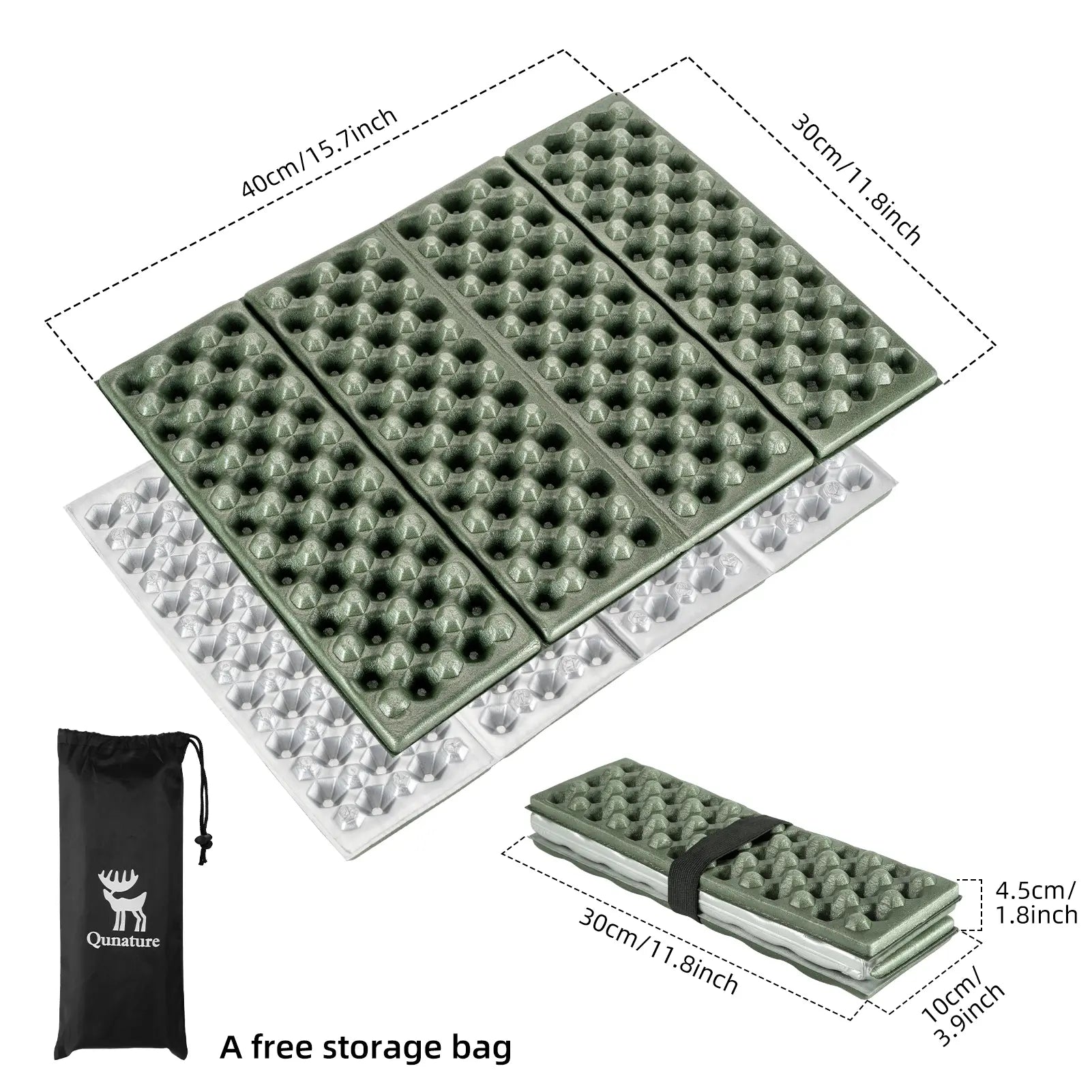 Qunature Global - Folding Seat Pad Mat with Foam for Hiking & Camping,  Lightweight & Portable - Dimensions - Army Green