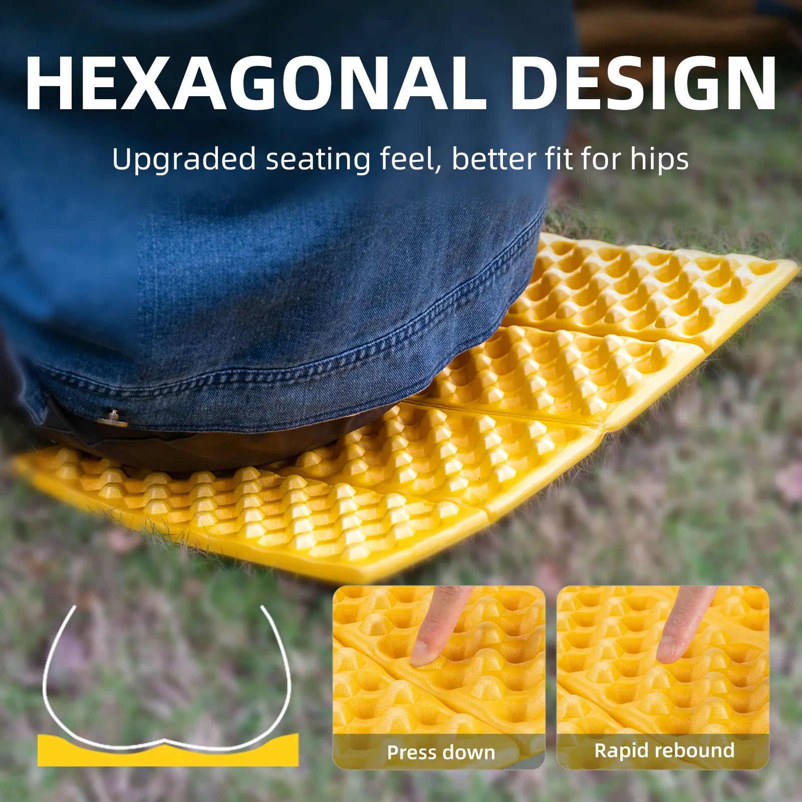 Qunature Global - Folding Seat Pad Mat with Foam for Hiking & Camping,  Lightweight & Portable - Hexagonal egg-crate design - Yellow-Green