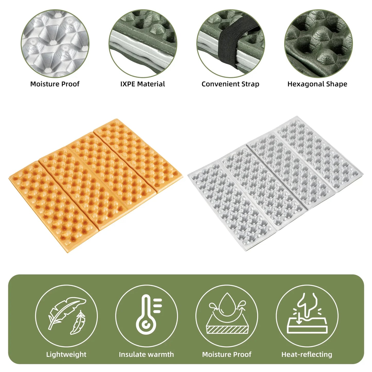 Qunature Global - Folding Seat Pad Mat with Foam for Hiking & Camping,  Lightweight & Portable - Features - Army Green