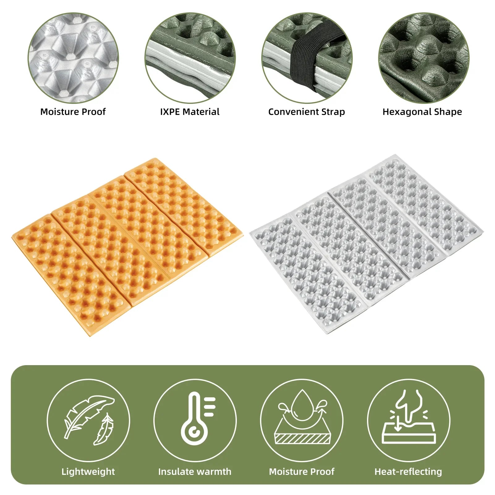 Qunature Global - Folding Seat Pad Mat with Foam for Hiking & Camping,  Lightweight & Portable - Features - Army Green