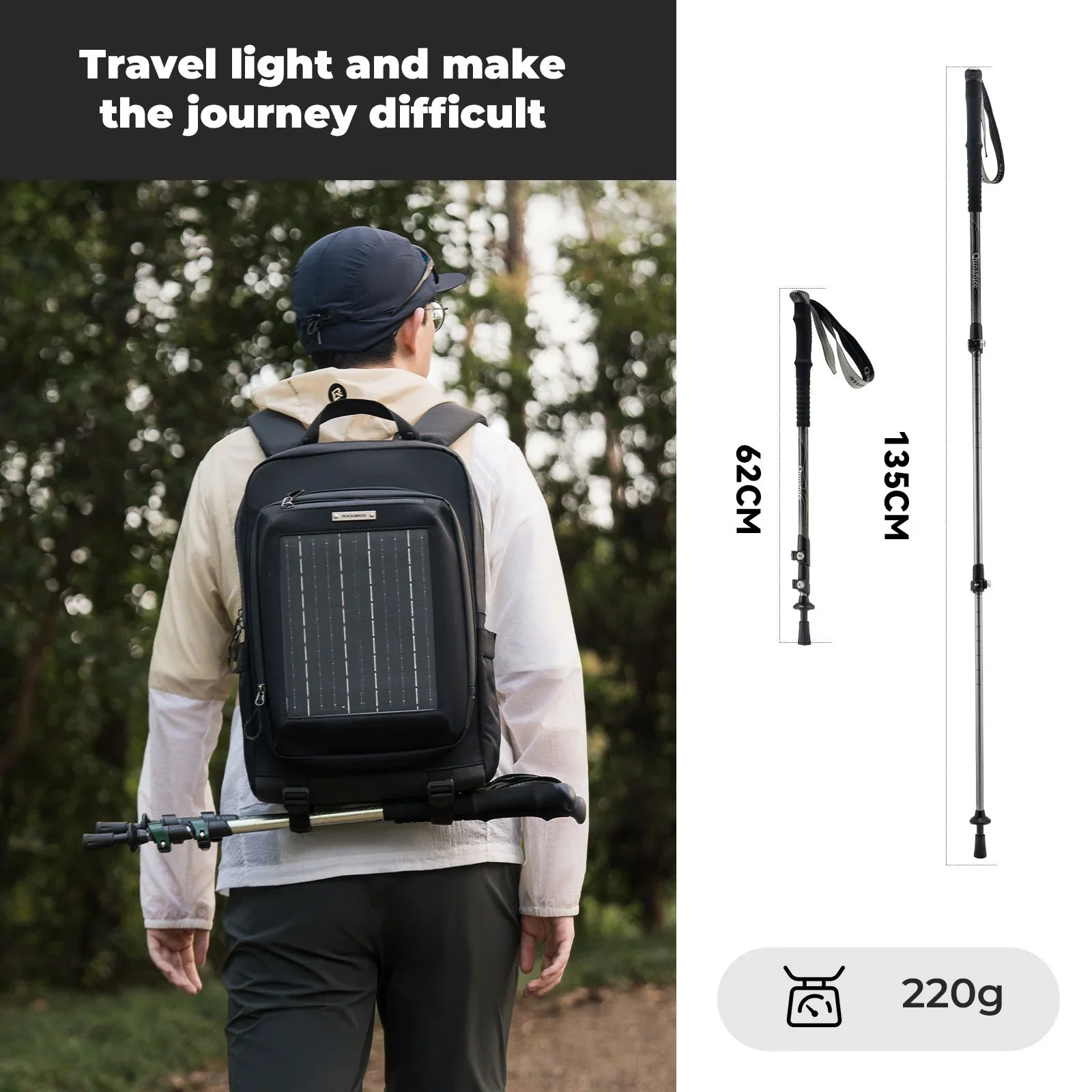 Qunature Global - Ultra-Light 3-Section Trekking Pole - Lenghts - Obsidian Black
