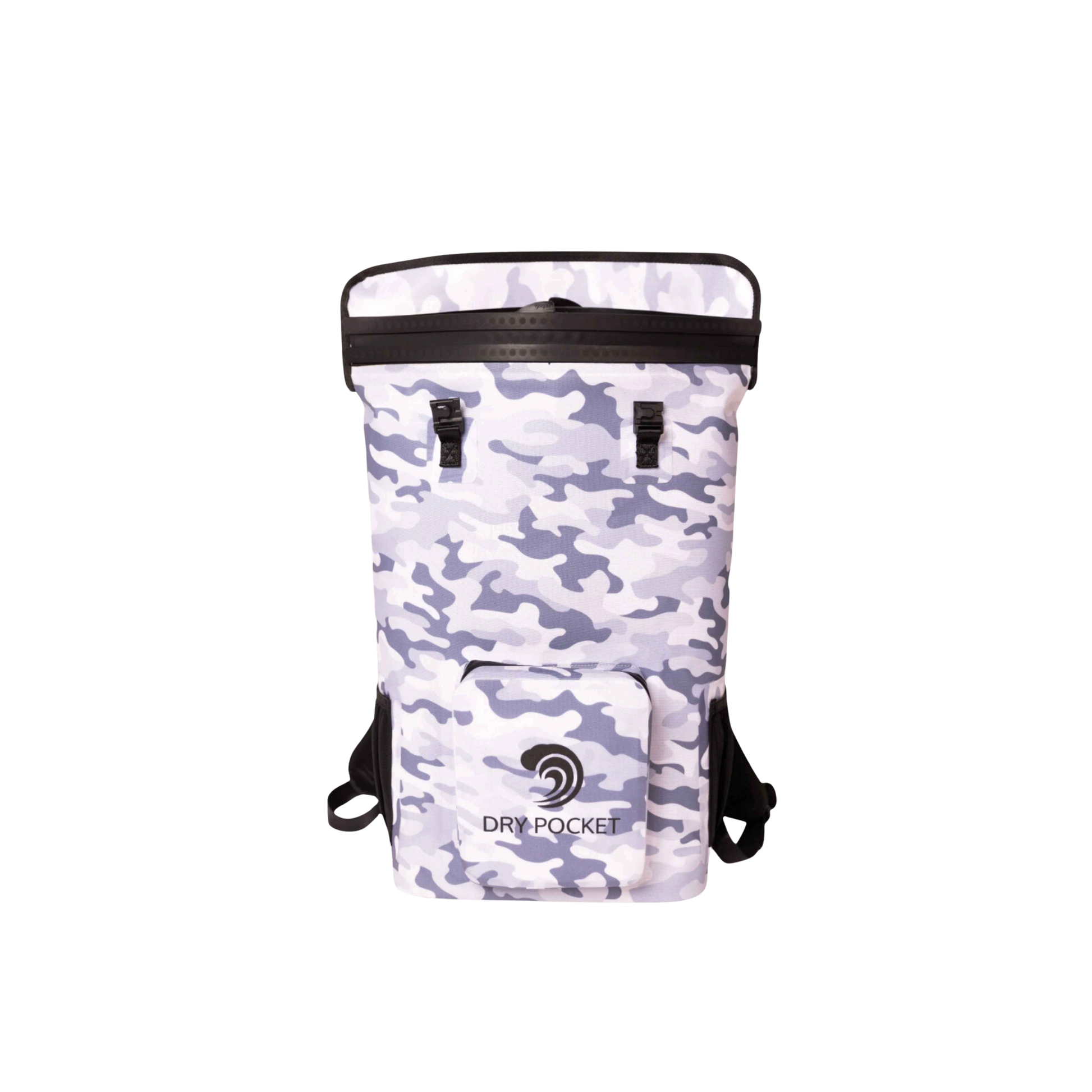 Dry Pocket - Waterproof Floating Cooler Backpack Dry Bag - Snow Camo - Front with top closure shown