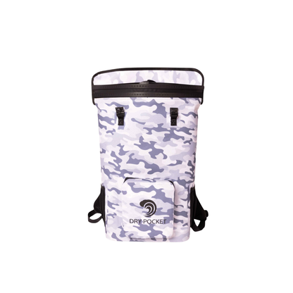 Dry Pocket - Waterproof Floating Cooler Backpack Dry Bag - Snow Camo - Front with top closure shown