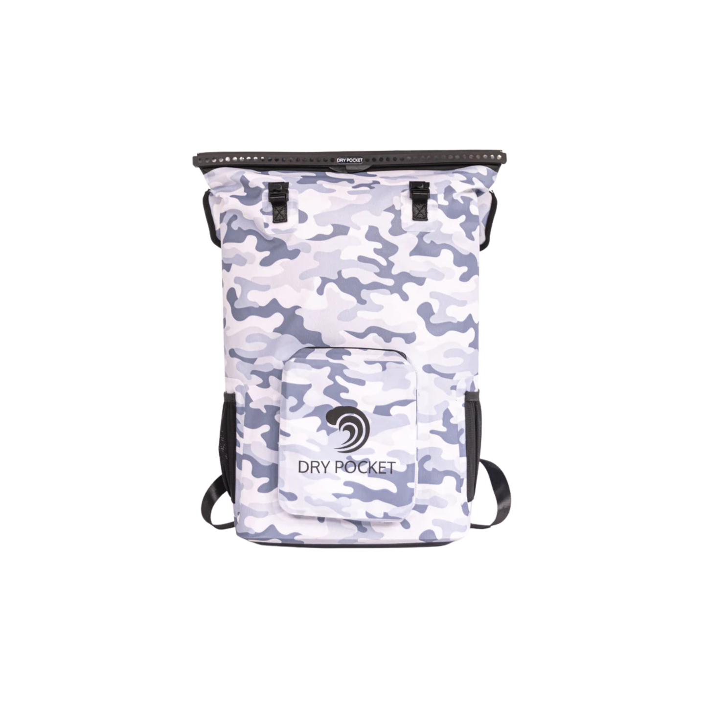 Dry Pocket - Waterproof Floating Cooler Backpack Dry Bag - Snow Camo - Front with top closure shown