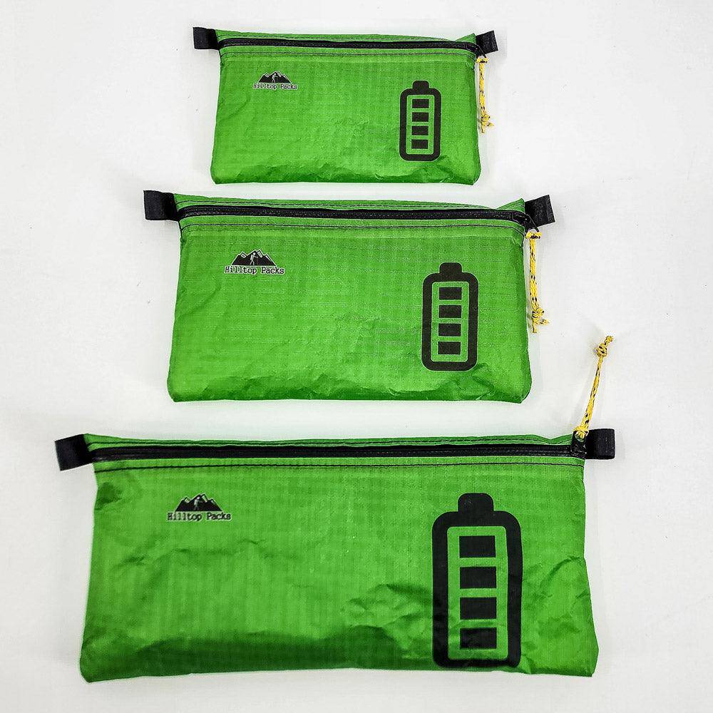 Hilltop Packs LLC - Ultralight Zipper Pouches - Classic Patterns - Challenge D50T Fabric - Green, batteries, small medium & large