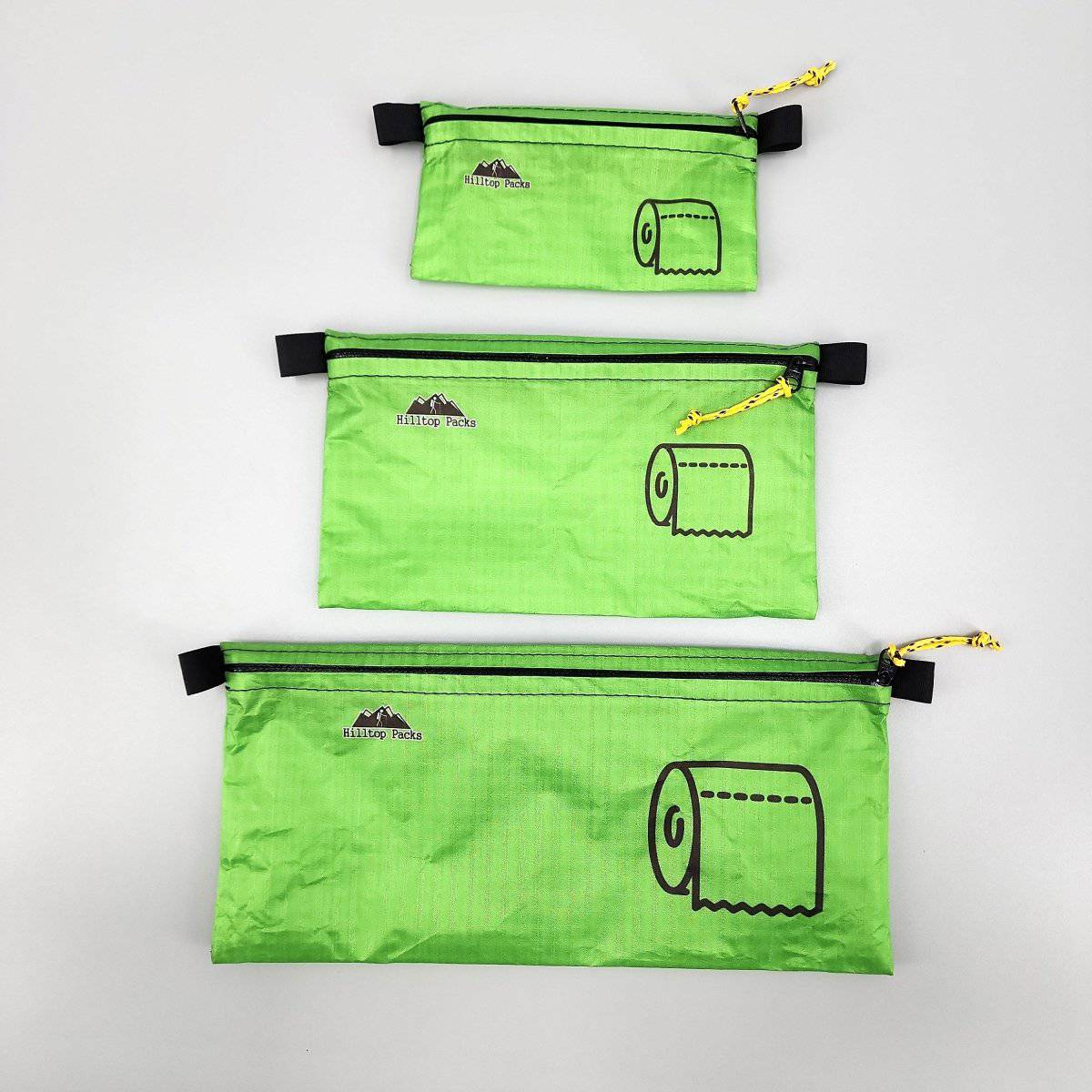 Hilltop Packs LLC - Ultralight Zipper Pouches - Classic Patterns - Challenge D50T Fabric - Green, toilet paper, small medium & large